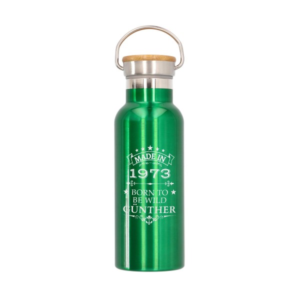 Trinkflasche personalisiert mit Bambus-Deckel in metallic grün (500ml)