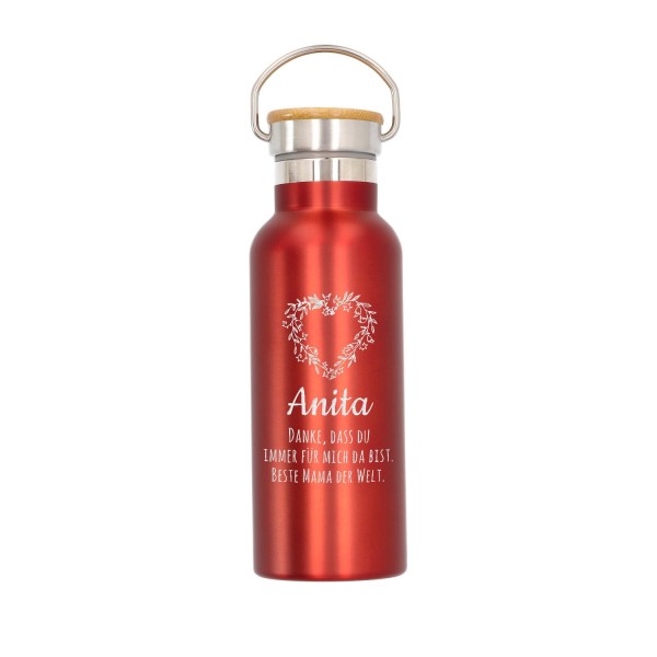 Trinkflasche personalisiert mit Bambus-Deckel in metallic rot (500 ml)