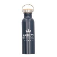 Edelstahl Trinkflasche personalisiert mit Bambus-Deckel in navy blau (700 ml)