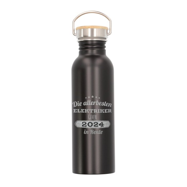 Edelstahl Trinkflasche personalisiert mit Bambus-Deckel in schwarz (700 ml)