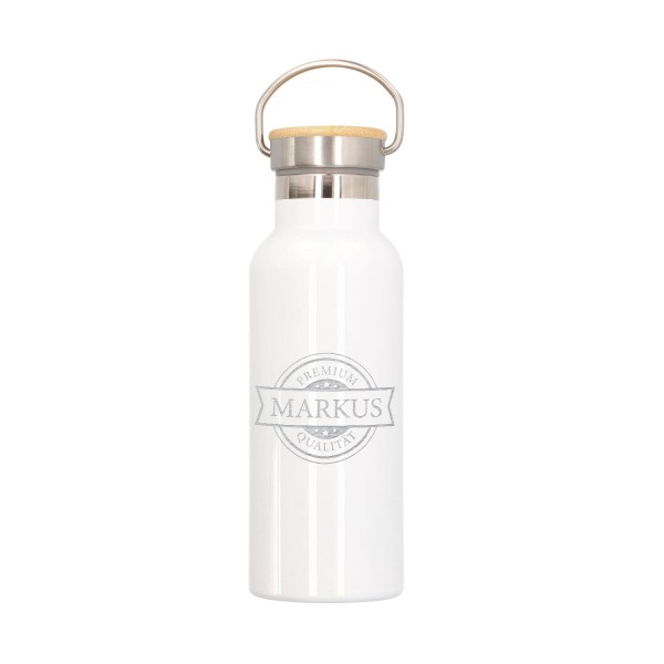 Trinkflasche personalisiert mit Bambus-Deckel in metallic weiß (500 ml)